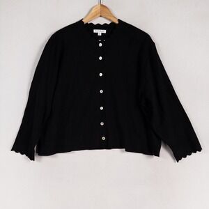 North Style Sweater Womens XL Black Cardigan Scallop Trim Lightweight 3/4 Sleeve